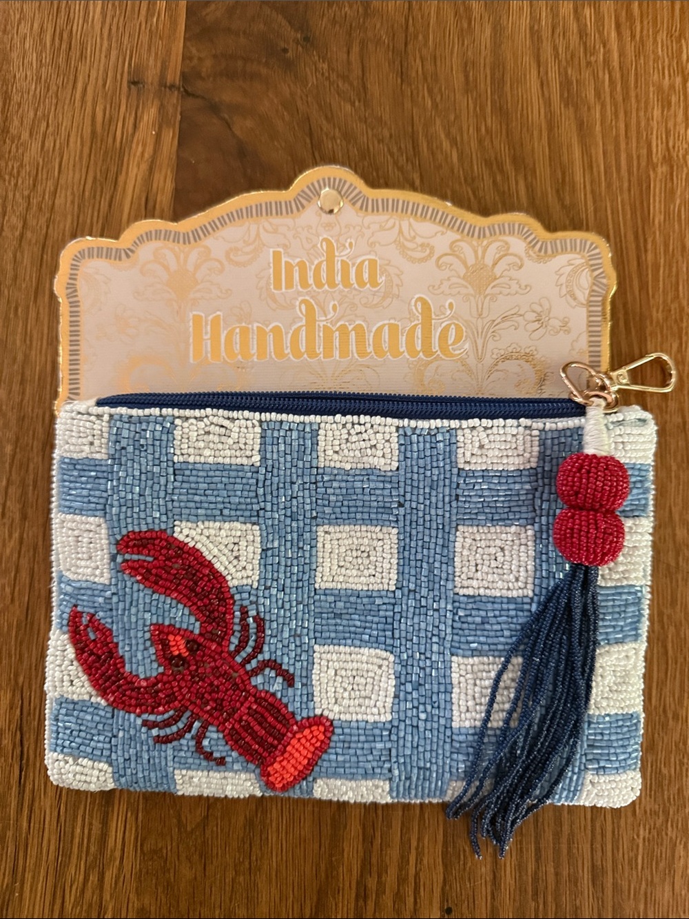LOBSTER! Handmade Beaded Lobster Pouch in Blue & White 8”x 5” by Wandering Moon